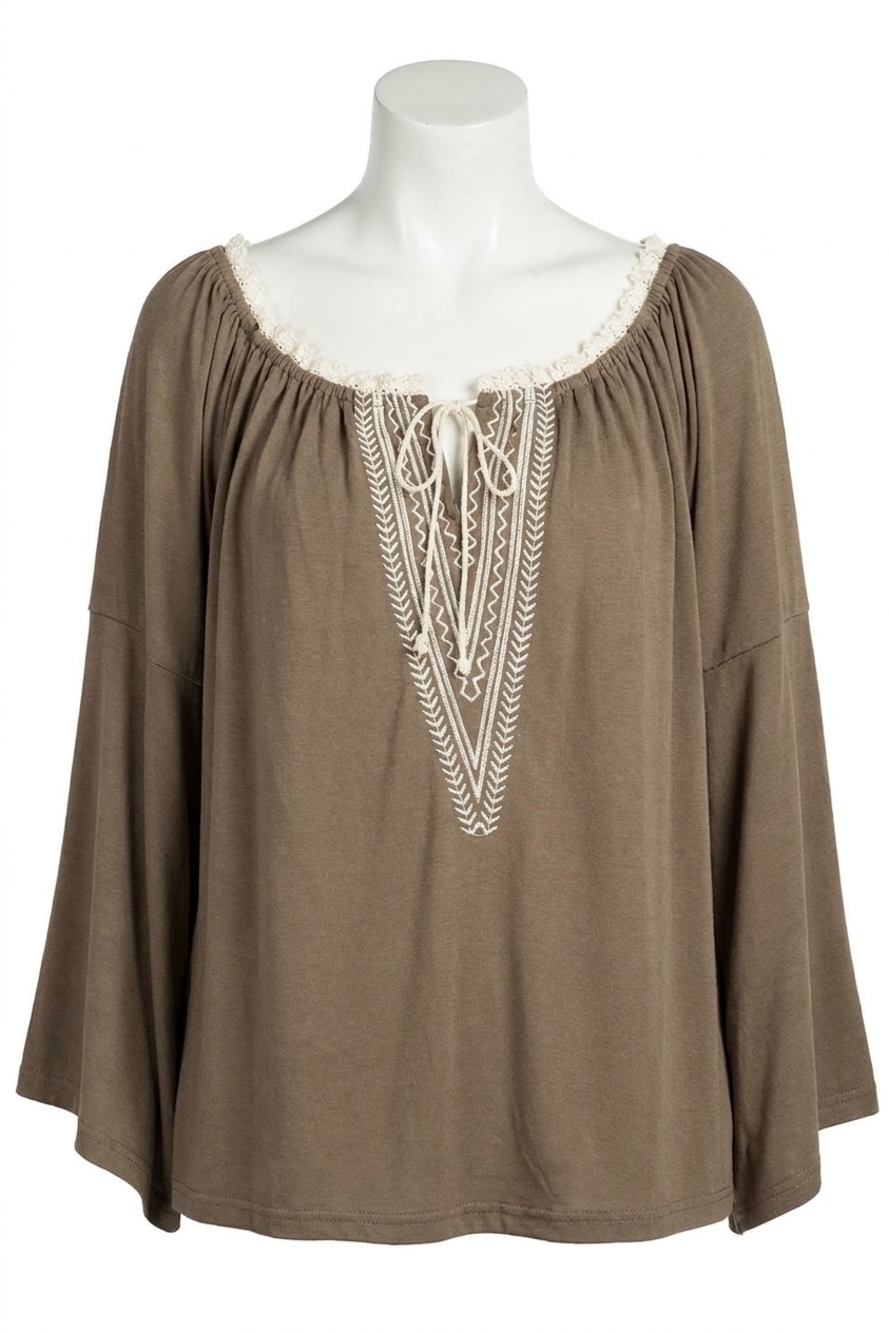 NEW KORI embroidered bell sleeve knit top in mocha